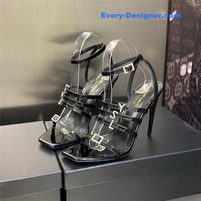 Y51 letter logo rhinestone buckle high heel sandals