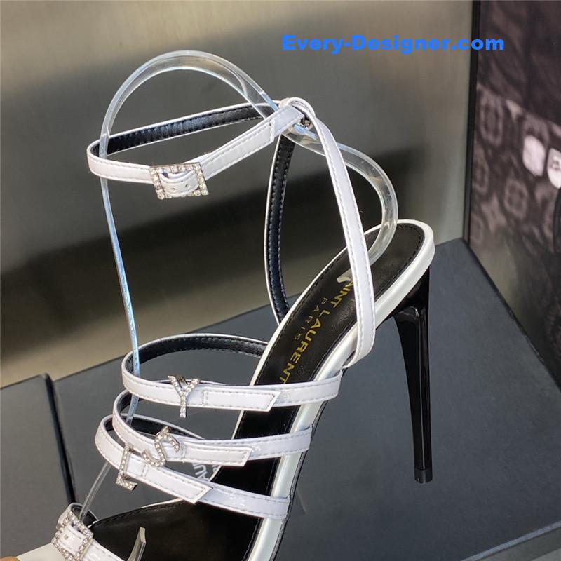 Y51 letter logo rhinestone buckle high heel sandals