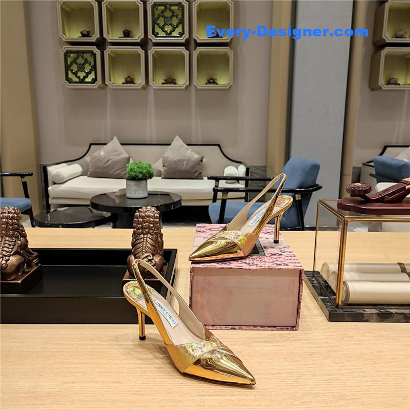 J1m*y Ch00 high-heeled hollow leather style pointed sandals