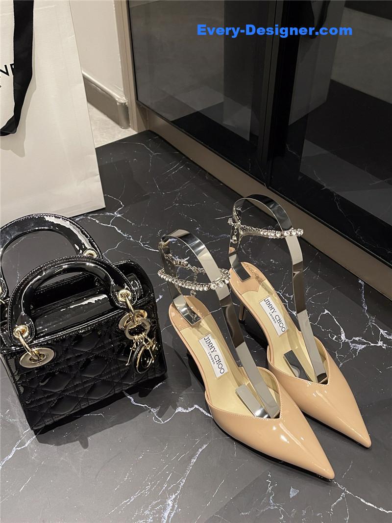 J1m*y Ch00 patent-leather crystal chain pumps