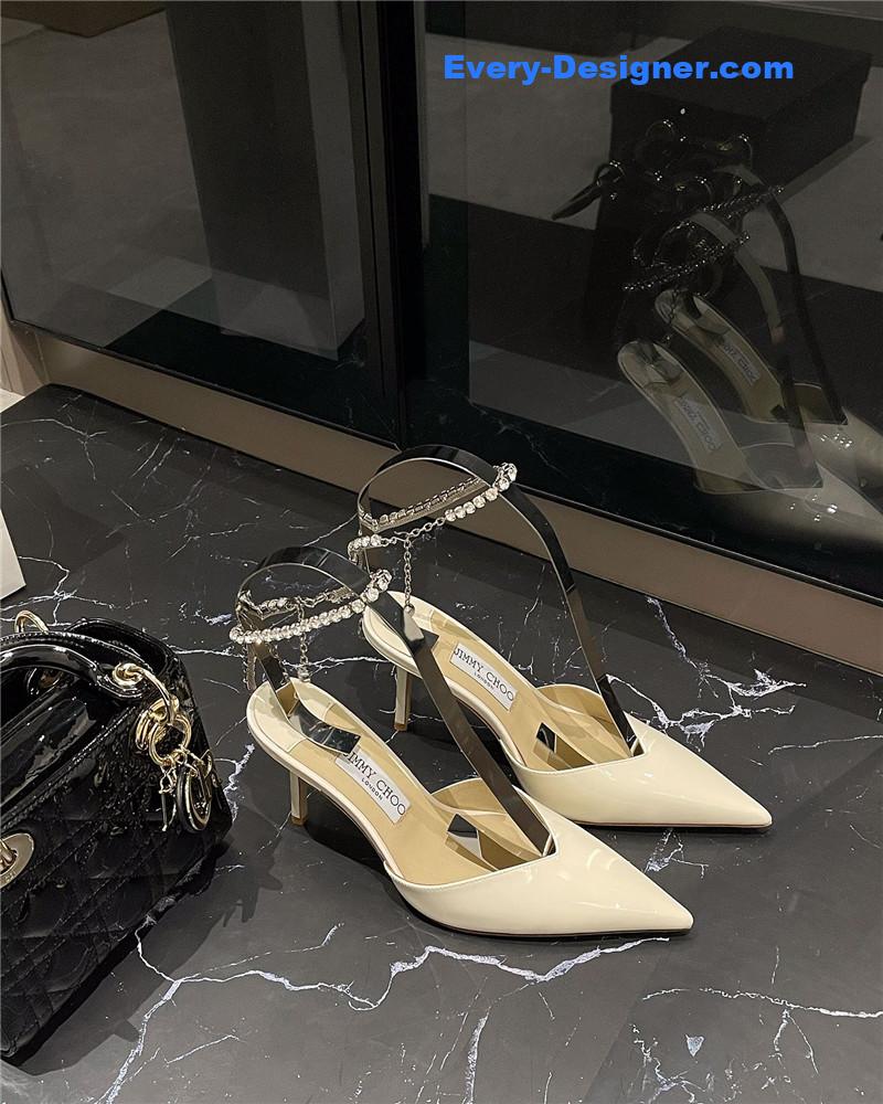 J1m*y Ch00 patent-leather crystal chain pumps