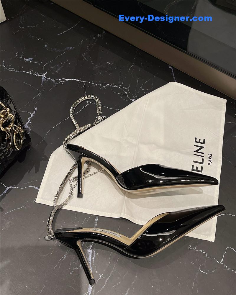 J1m*y Ch00 patent-leather crystal chain pumps