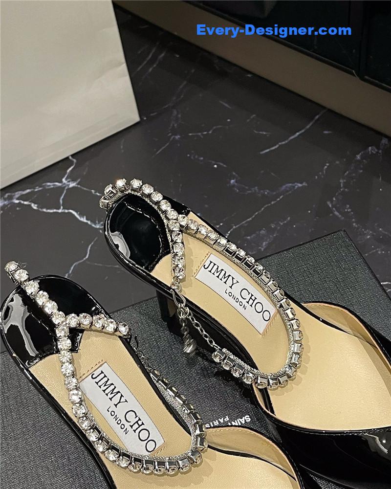 J1m*y Ch00 patent-leather crystal chain pumps