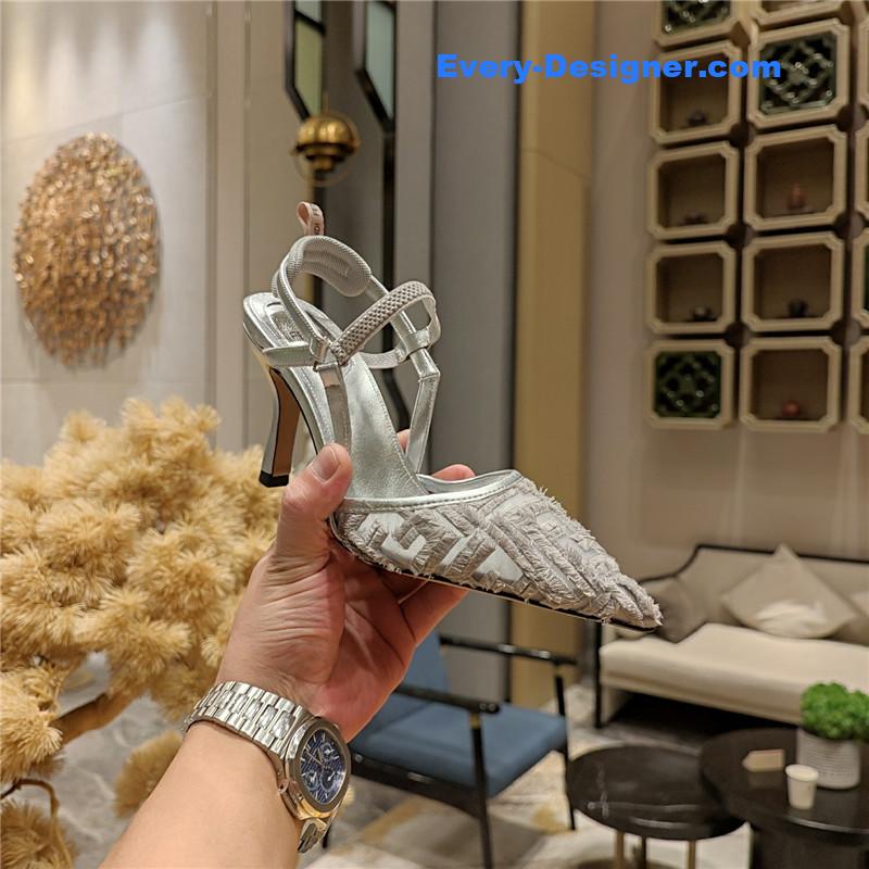 F**di flocked embroidered pointed toe sandals