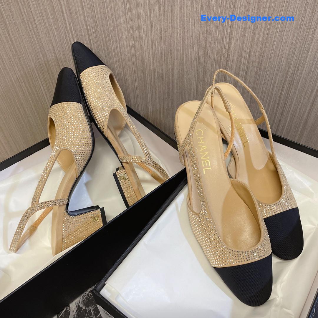 CC rhinestone thick heel side empty sandals