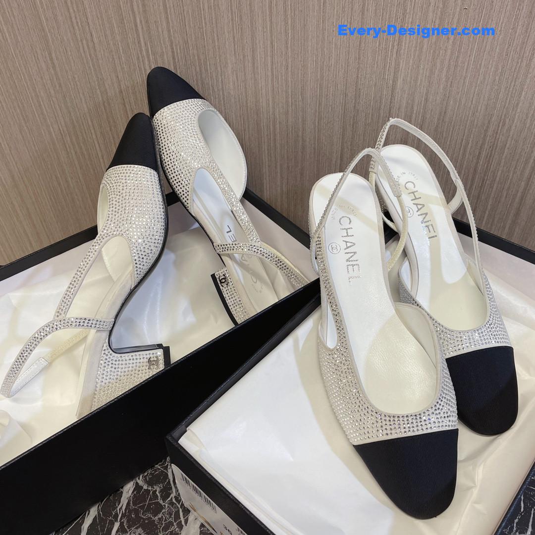 CC rhinestone thick heel side empty sandals