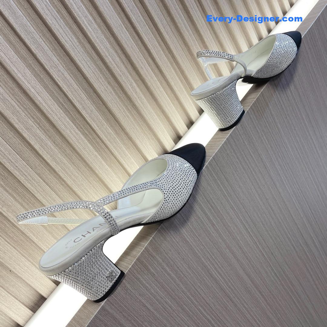 CC rhinestone thick heel side empty sandals