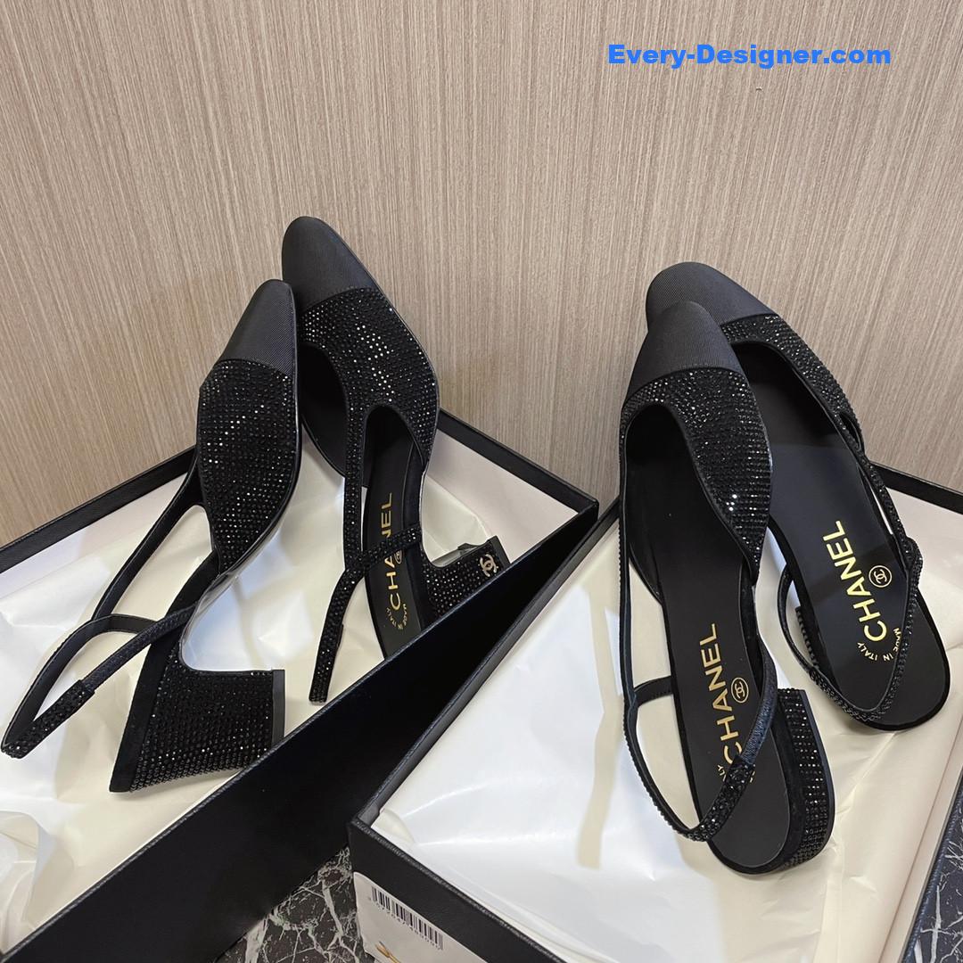 CC rhinestone thick heel side empty sandals