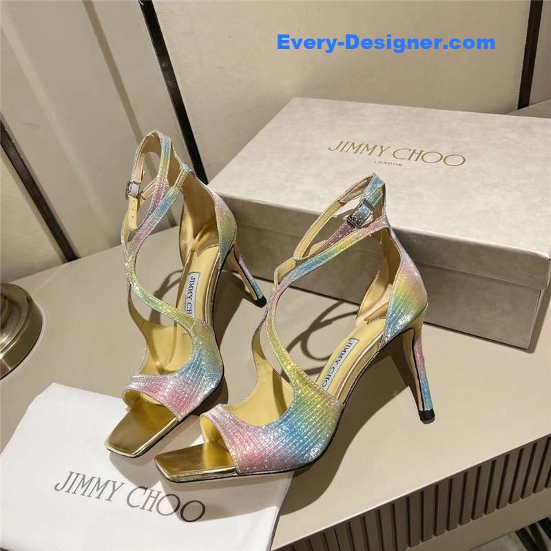 J1m*y Ch00 rainbow metallic high-heeled sandals