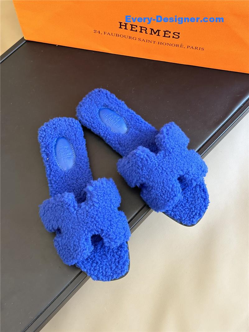 Hermes Chypre Blue Teddy Fleece Slippers