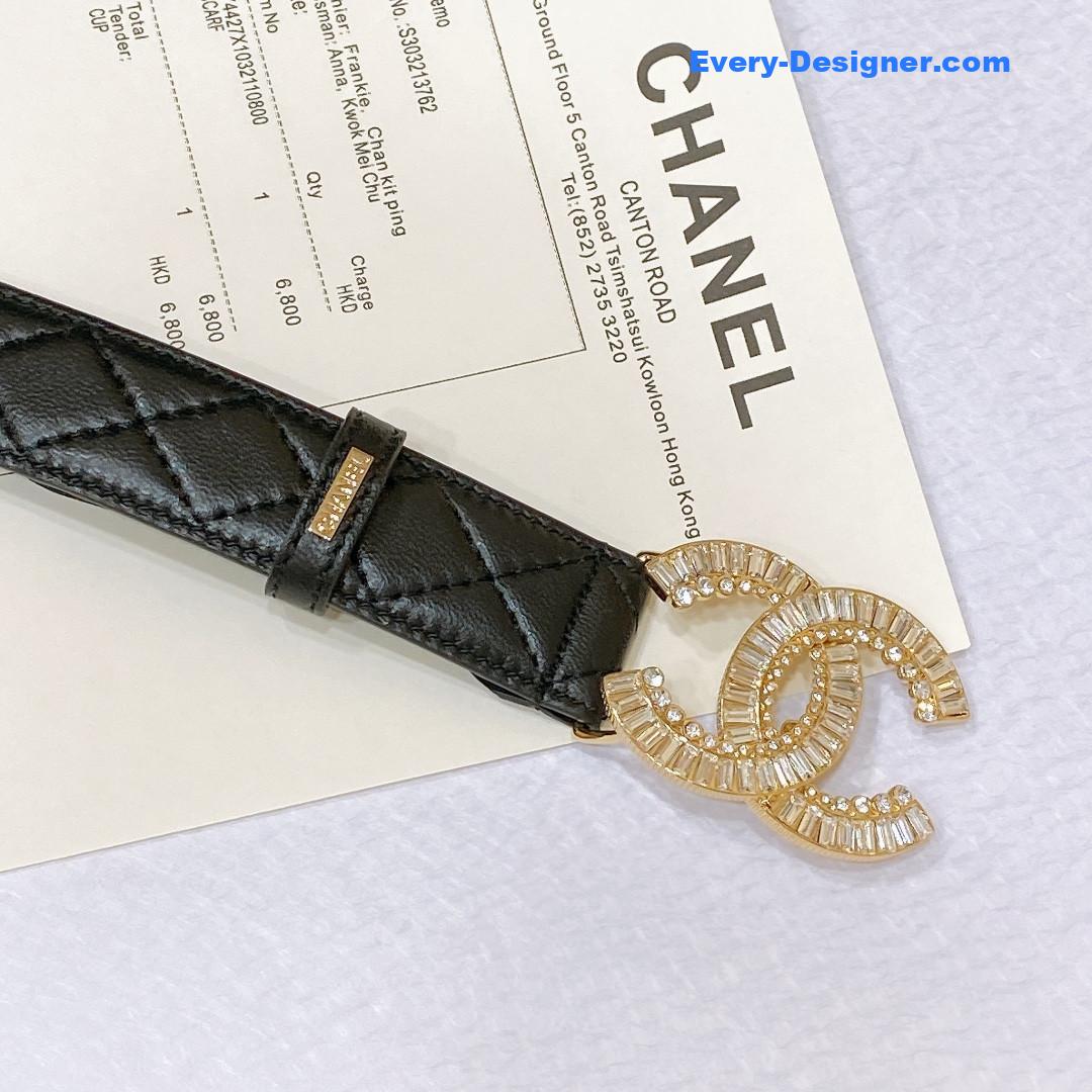 Ch**el rhinestone golden brass metal logo buckle calfskin belt