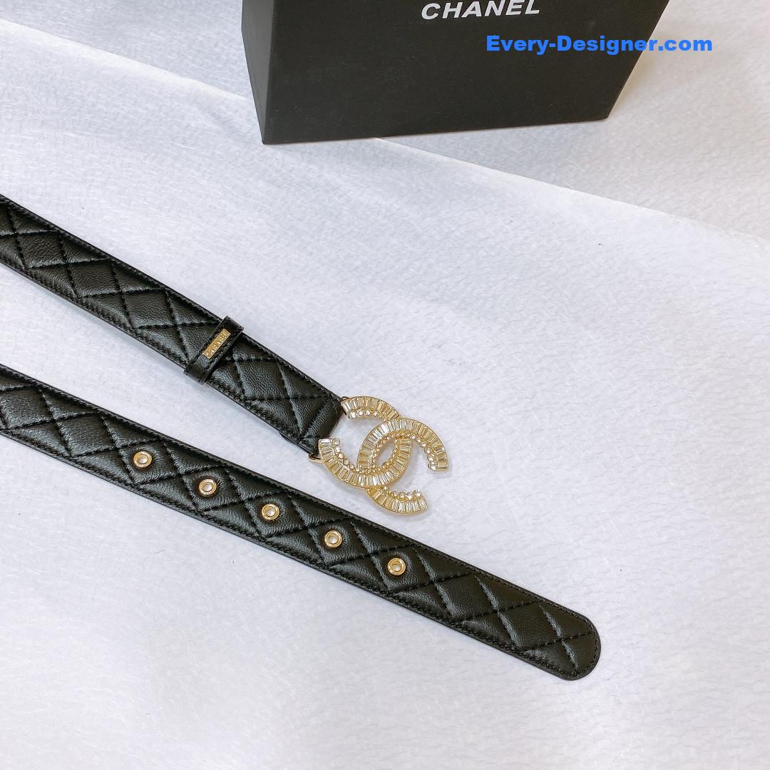 Ch**el rhinestone golden brass metal logo buckle calfskin belt