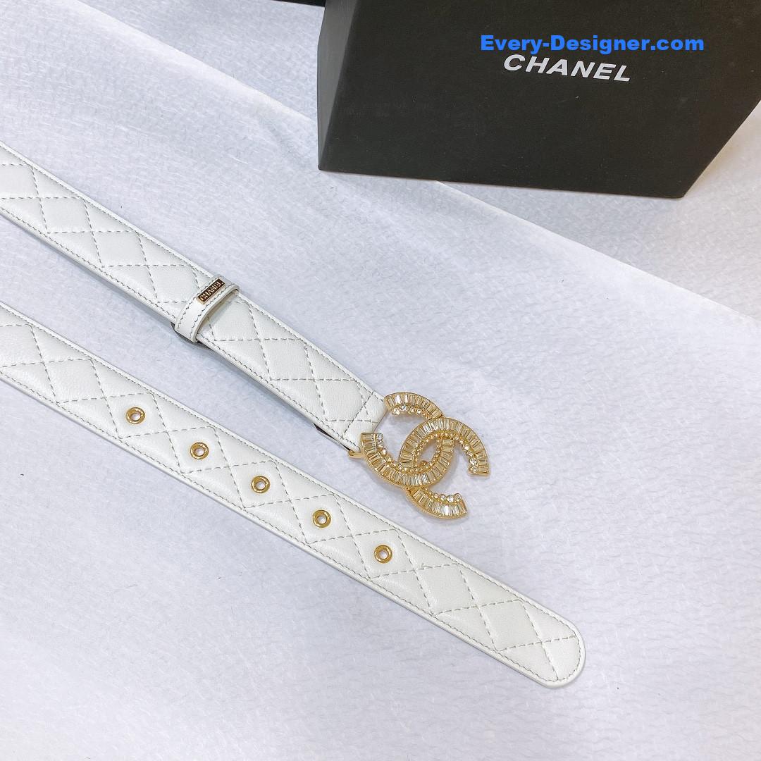 Ch**el rhinestone golden brass metal logo buckle calfskin belt