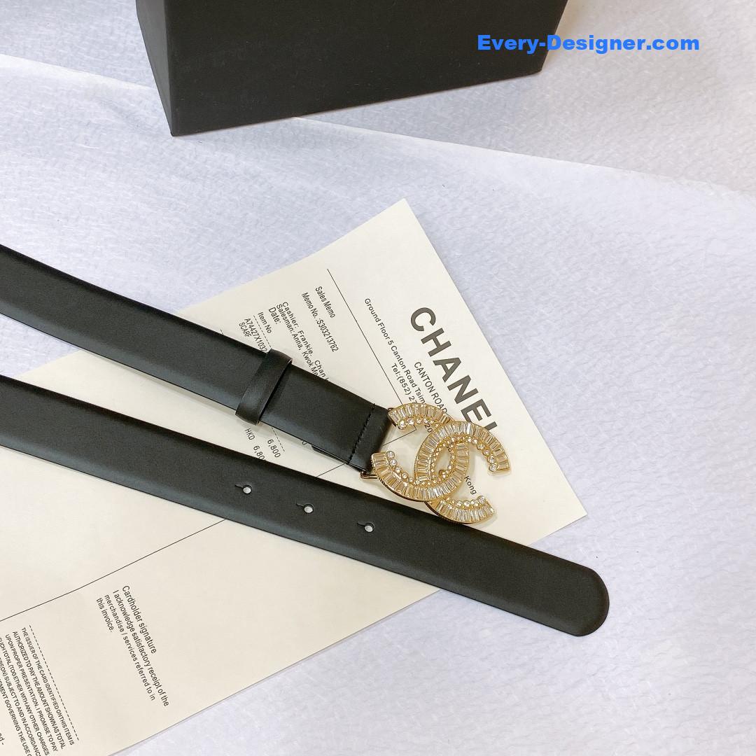 Ch**el rhinestone golden brass metal logo buckle calfskin belt