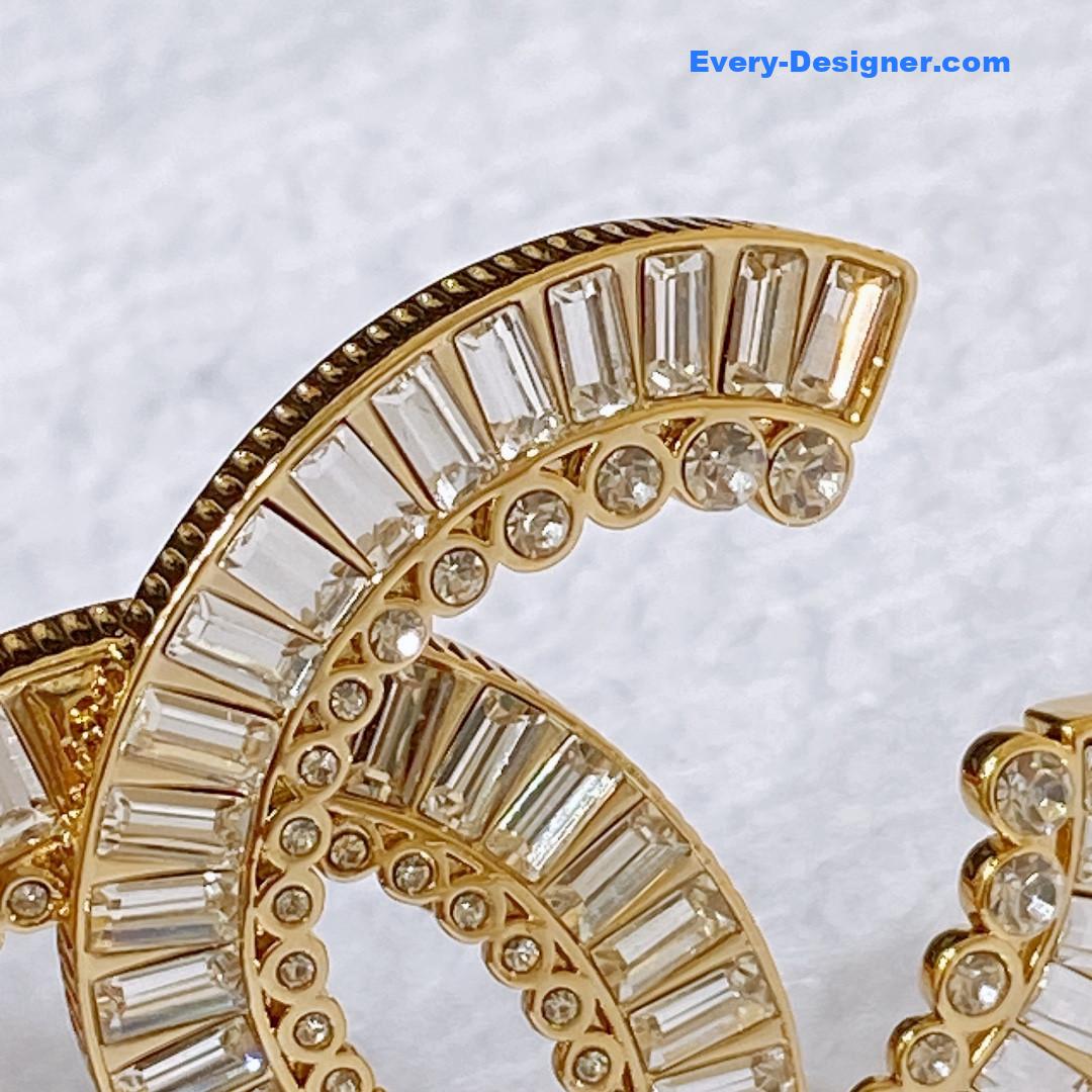 Ch**el rhinestone golden brass metal logo buckle calfskin belt