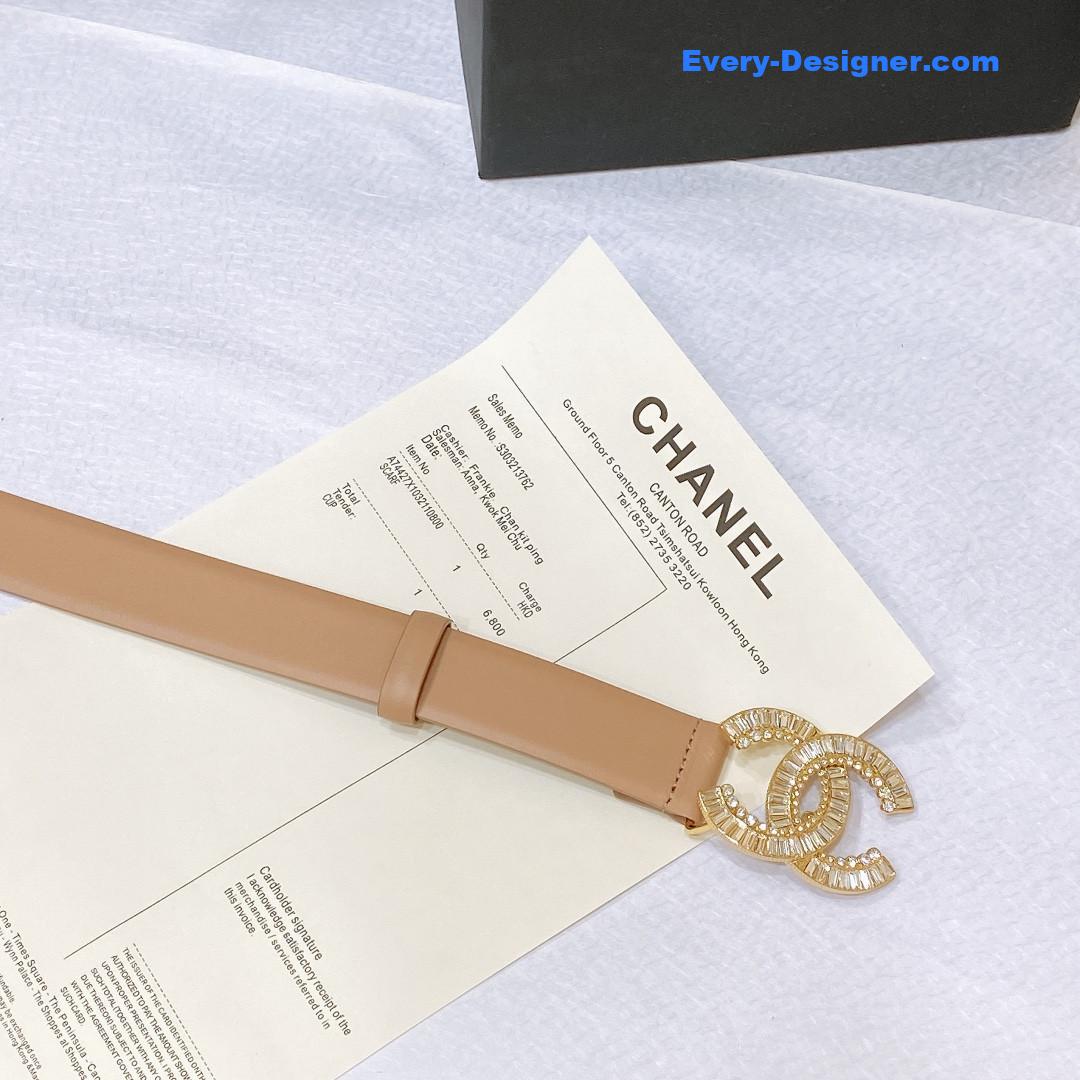 Ch**el rhinestone golden brass metal logo buckle calfskin belt