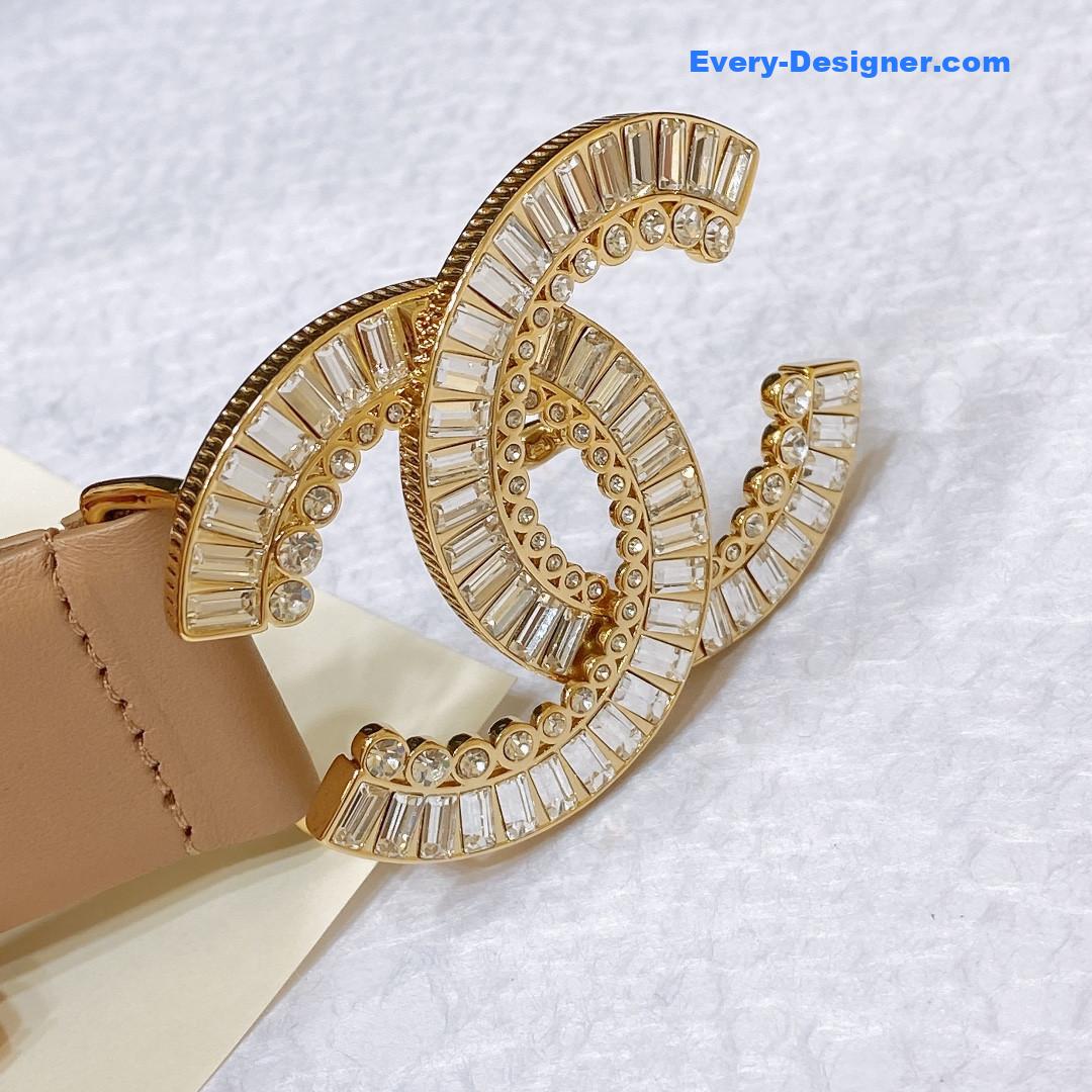 Ch**el rhinestone golden brass metal logo buckle calfskin belt