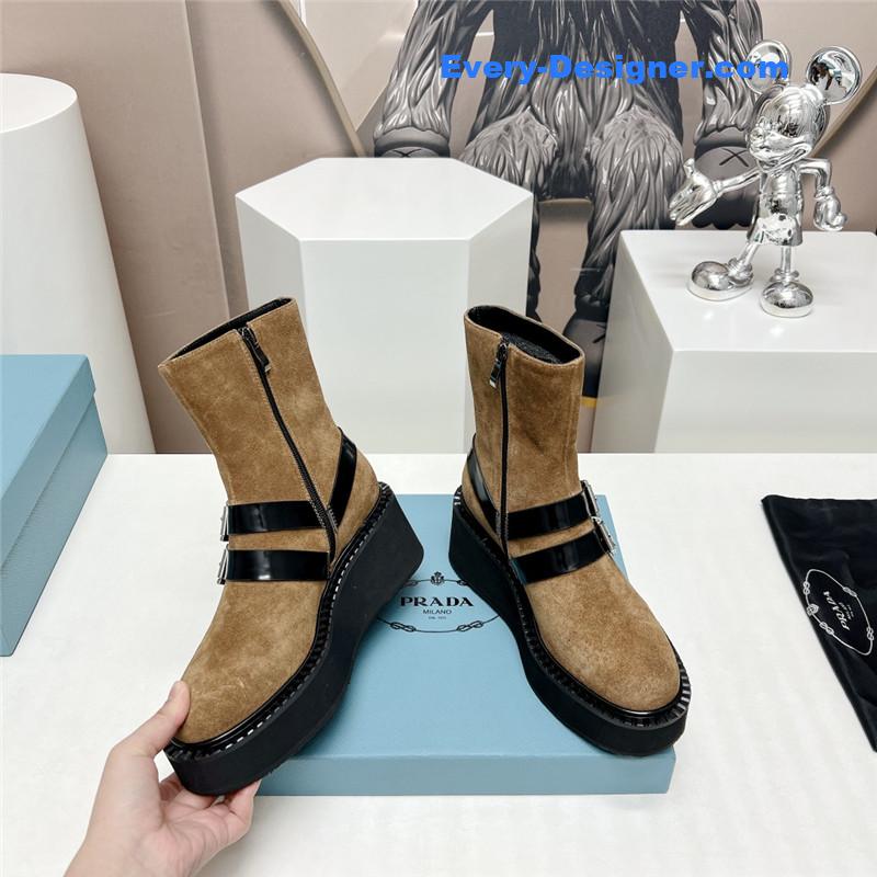 Pra*a round toe double buckle platform ankle boots