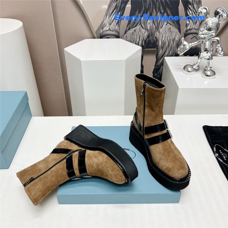 Pra*a round toe double buckle platform ankle boots