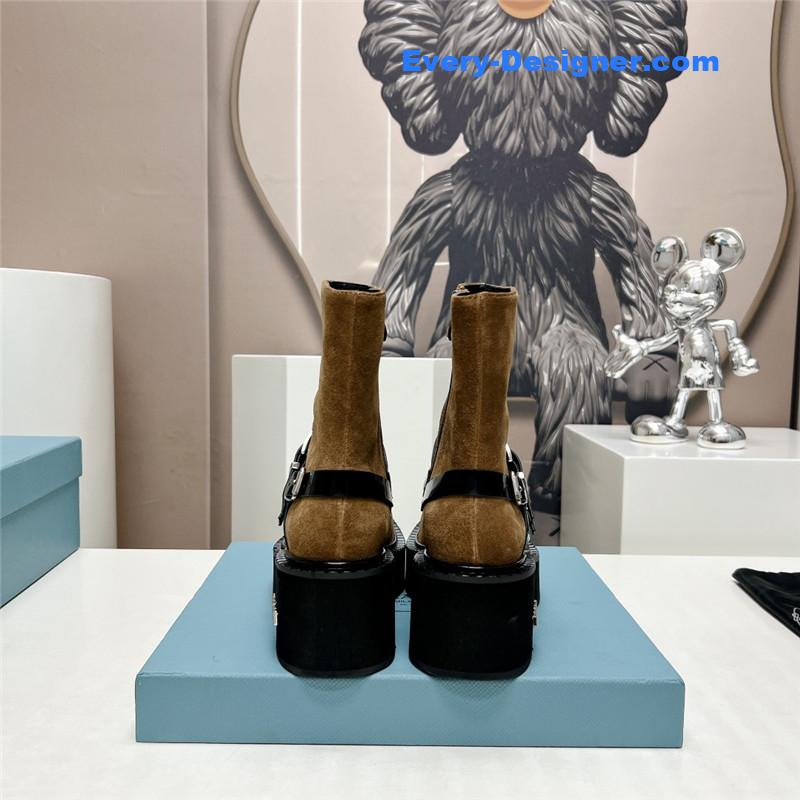 Pra*a round toe double buckle platform ankle boots