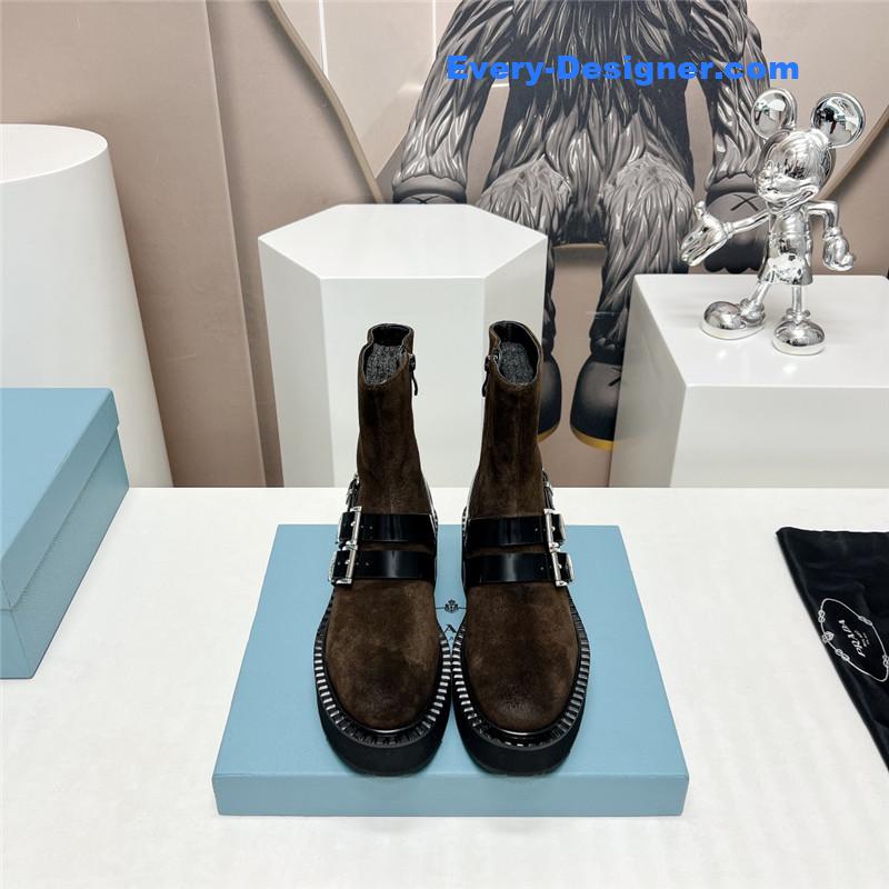 Pra*a round toe double buckle platform ankle boots