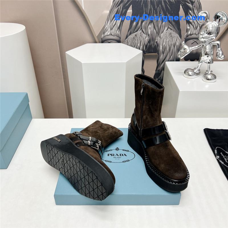 Pra*a round toe double buckle platform ankle boots