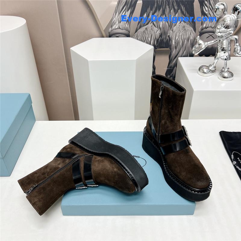 Pra*a round toe double buckle platform ankle boots