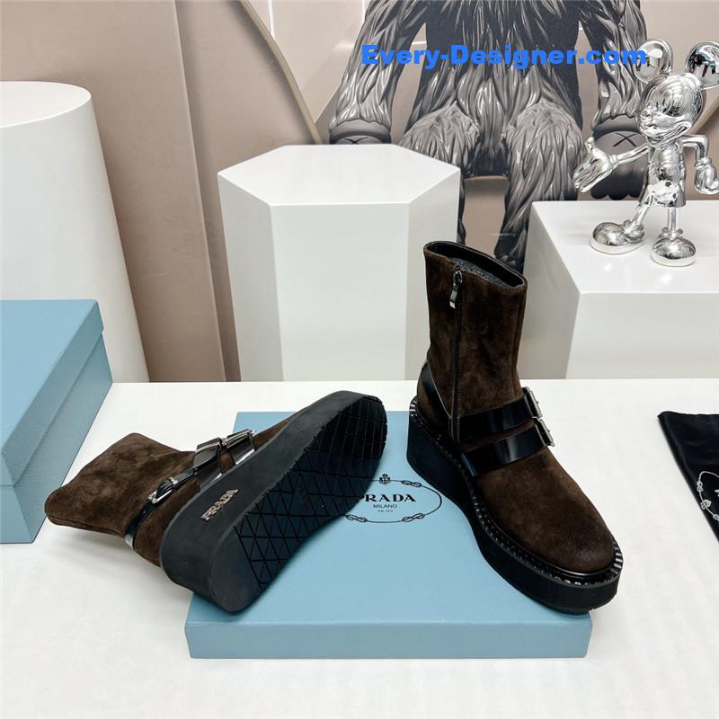 Pra*a round toe double buckle platform ankle boots