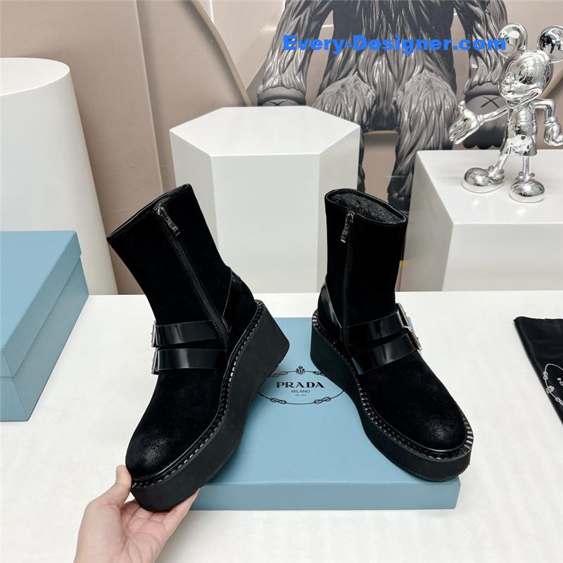 Pra*a round toe double buckle platform ankle boots