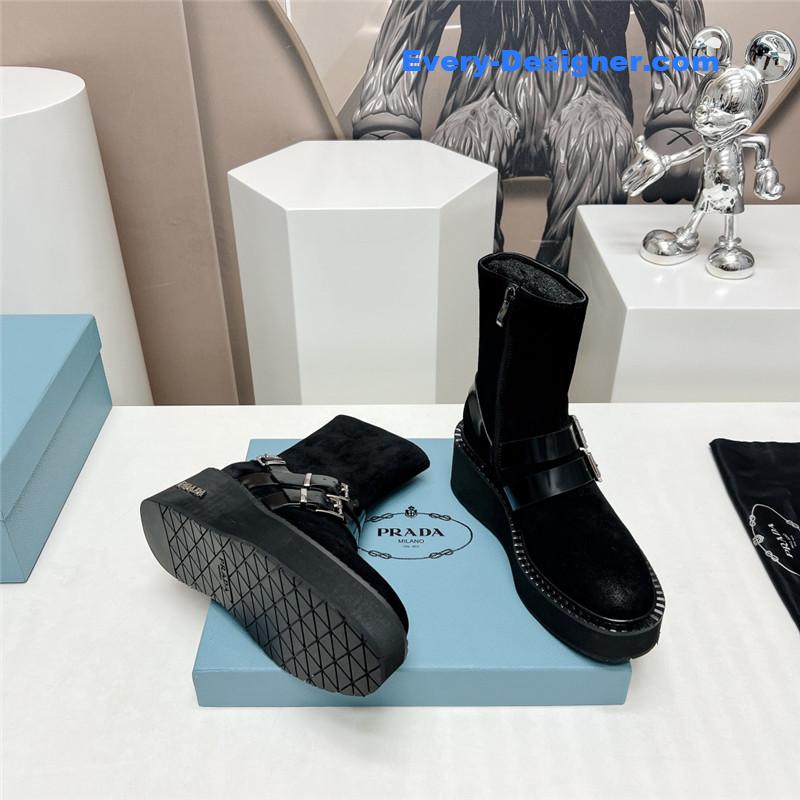 Pra*a round toe double buckle platform ankle boots