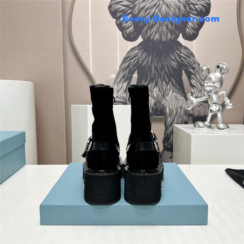 Pra*a round toe double buckle platform ankle boots