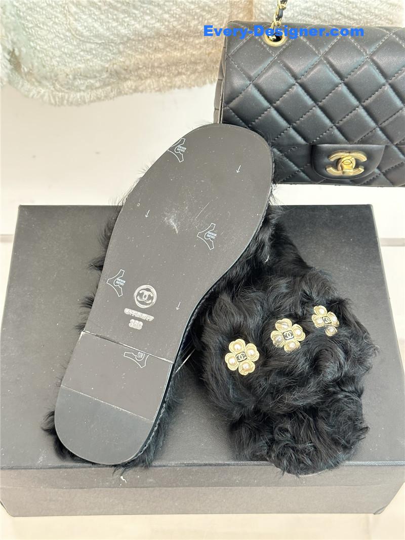 CC new Mier pure wool double C four-leaf clover fur slippers