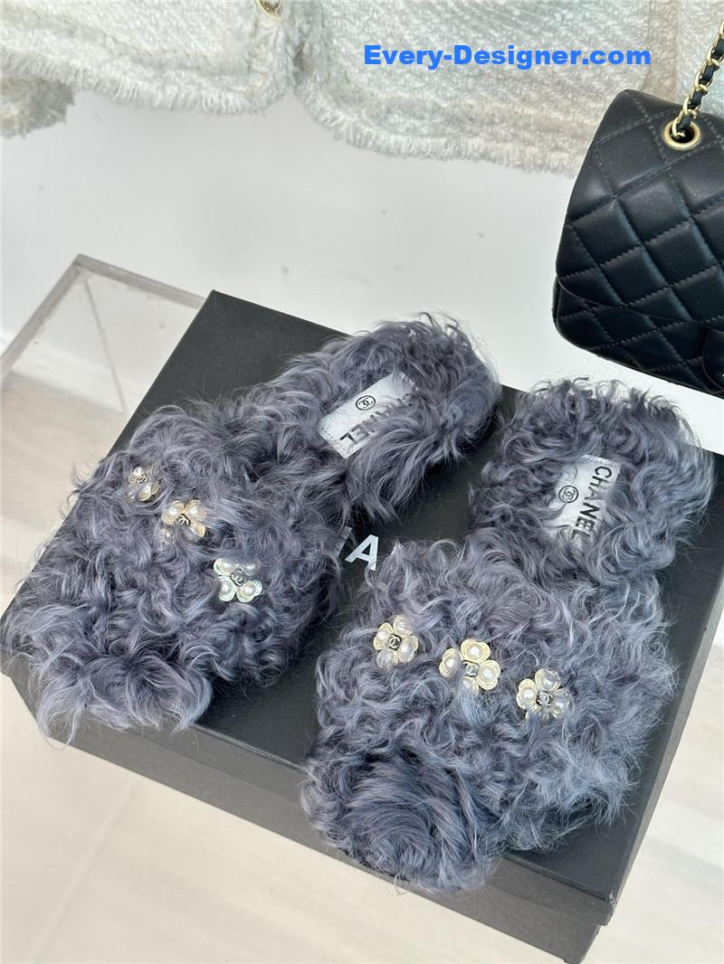 CC new Mier pure wool double C four-leaf clover fur slippers