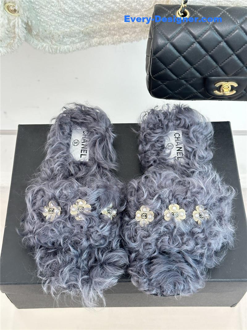 CC new Mier pure wool double C four-leaf clover fur slippers