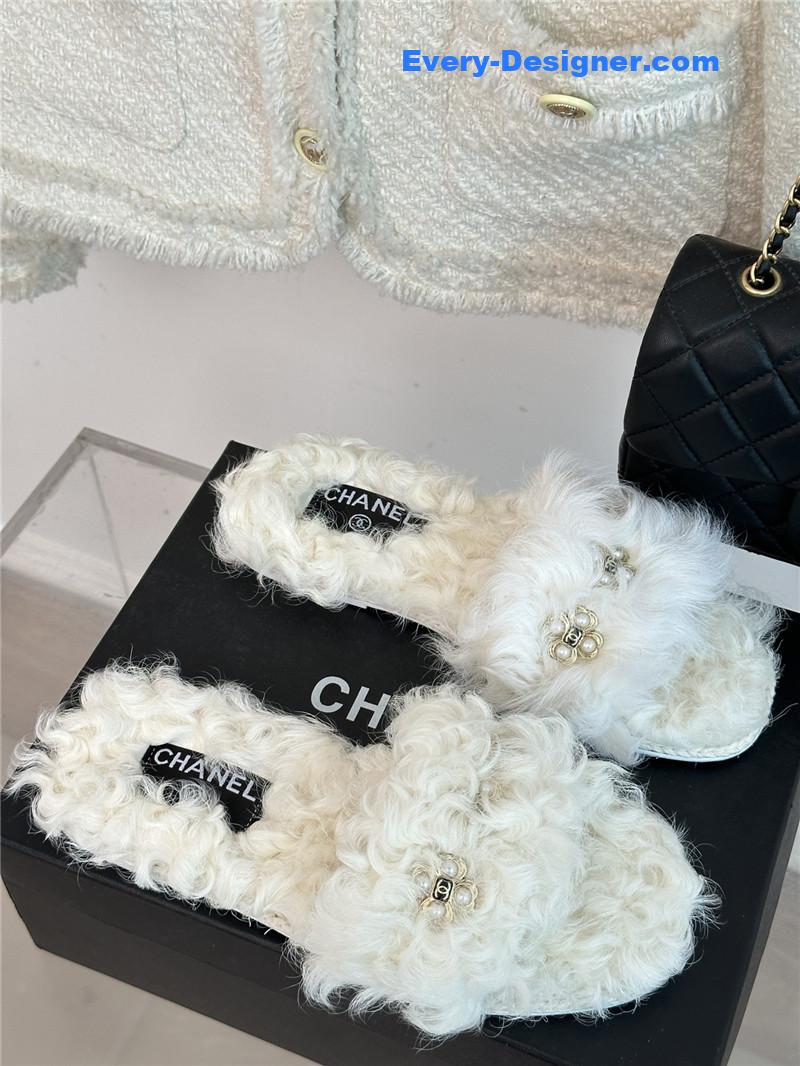 CC new Mier pure wool double C four-leaf clover fur slippers