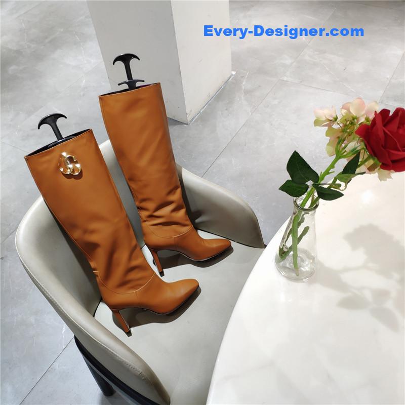 J1m*y Ch00 signature jc buckle chunky heel leather boots