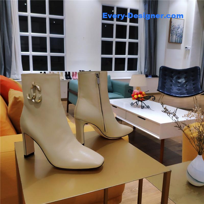 J1m*y Ch00 signature jc buckle chunky heel leather boots