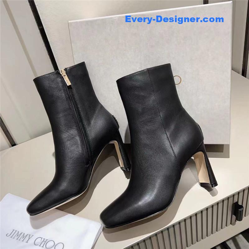J1m*y Ch00 black patent leather block heel ankle boots