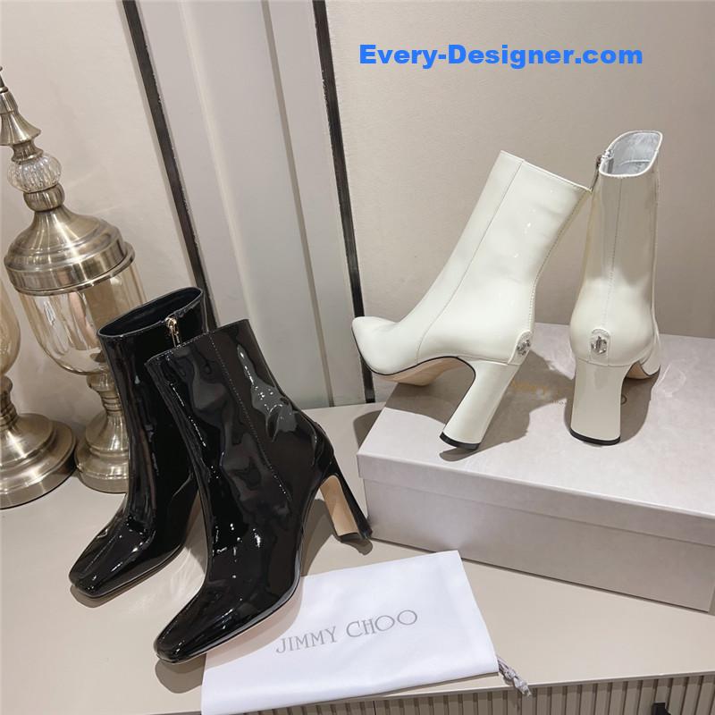 J1m*y Ch00 black patent leather block heel ankle boots