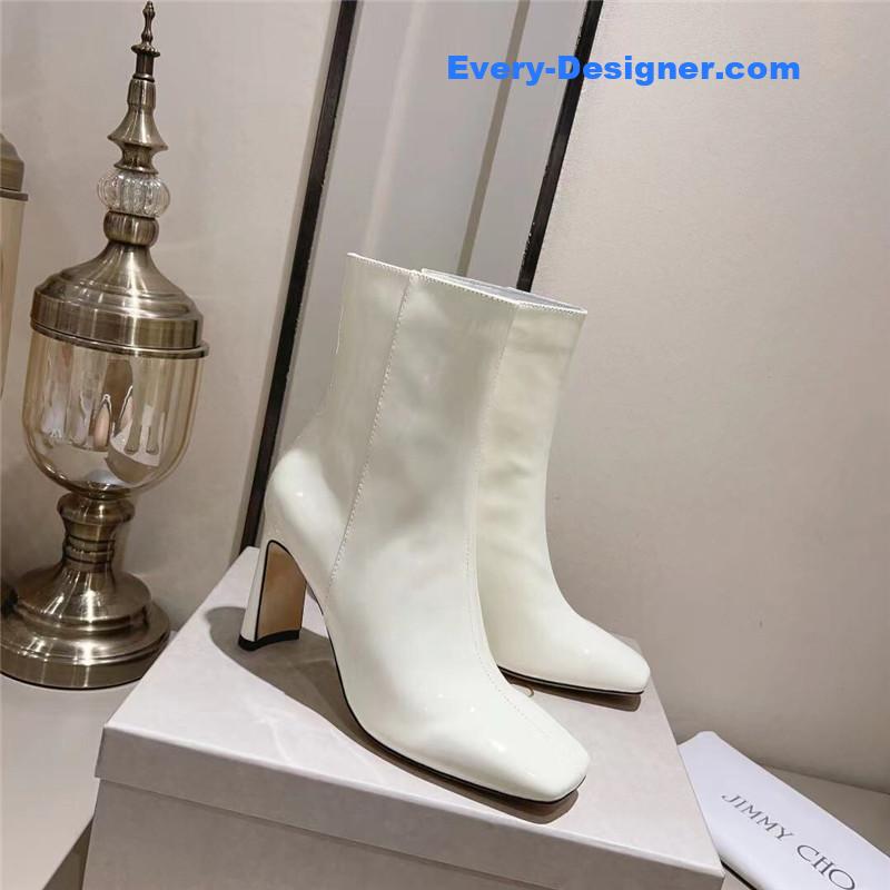 J1m*y Ch00 black patent leather block heel ankle boots