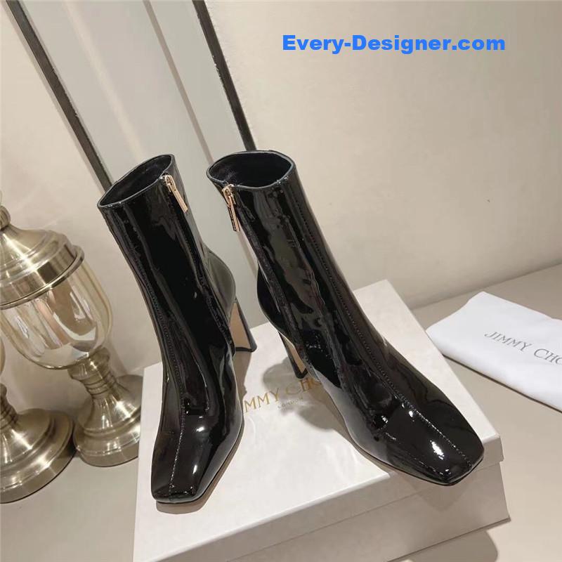 J1m*y Ch00 black patent leather block heel ankle boots
