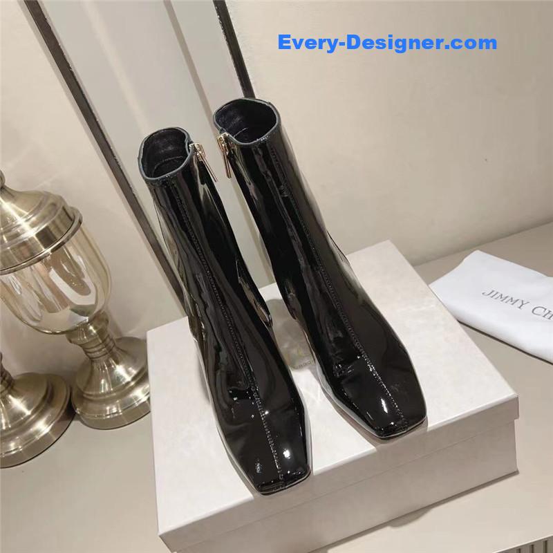 J1m*y Ch00 black patent leather block heel ankle boots