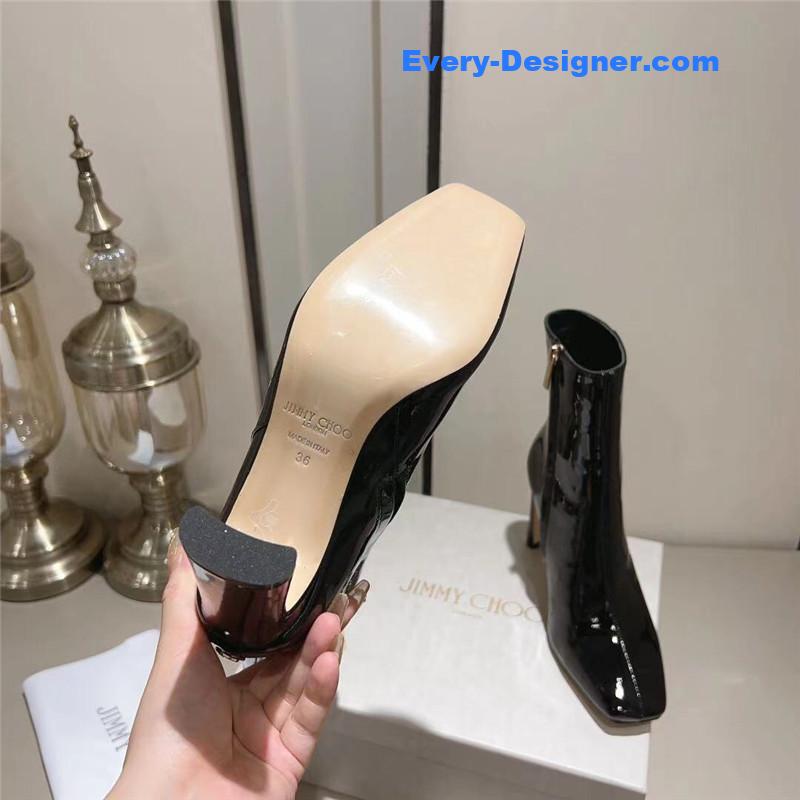 J1m*y Ch00 black patent leather block heel ankle boots