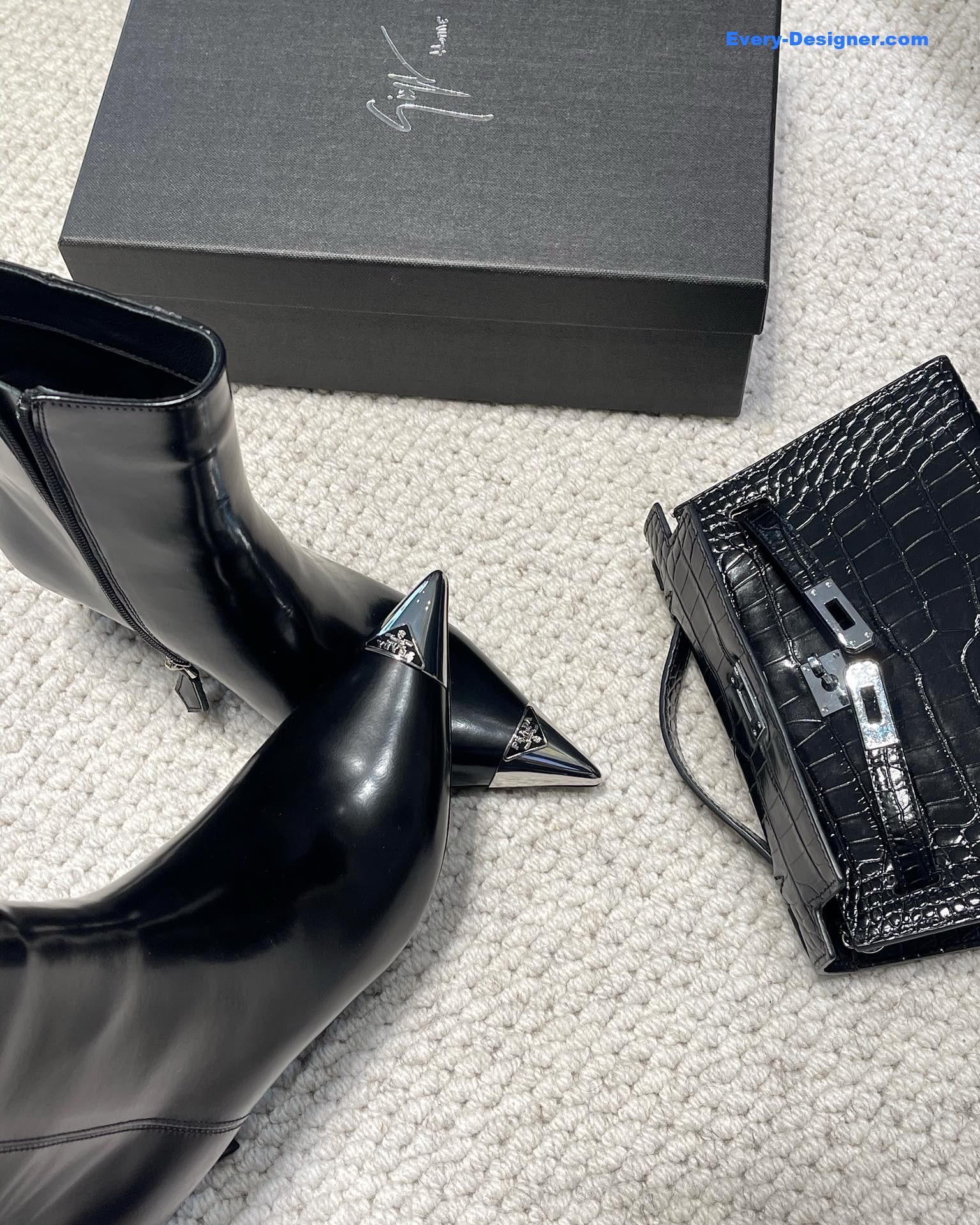 Pra*a autumn winter iron toe triangle logo ankle boots