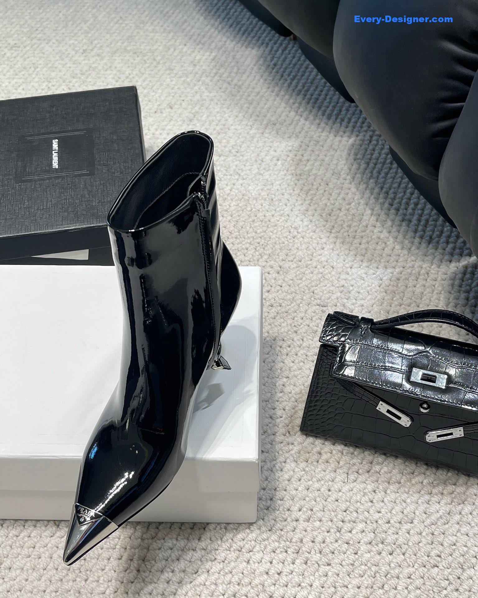 Pra*a autumn winter iron toe triangle logo ankle boots