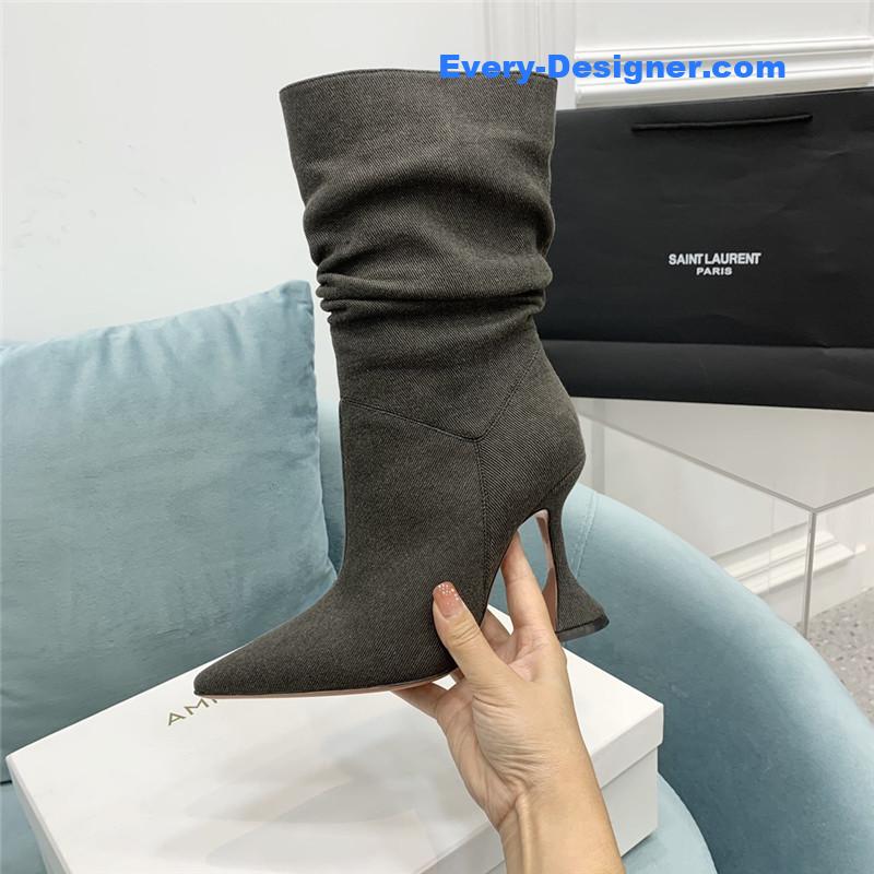 Amina Muaddi wine glass heel pleated high heel boots