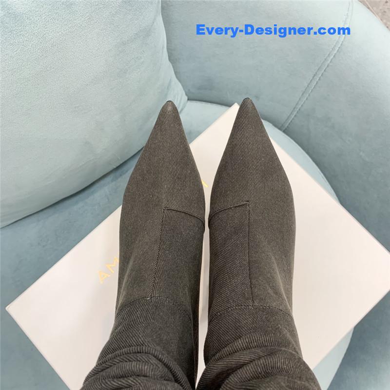 Amina Muaddi wine glass heel pleated high heel boots