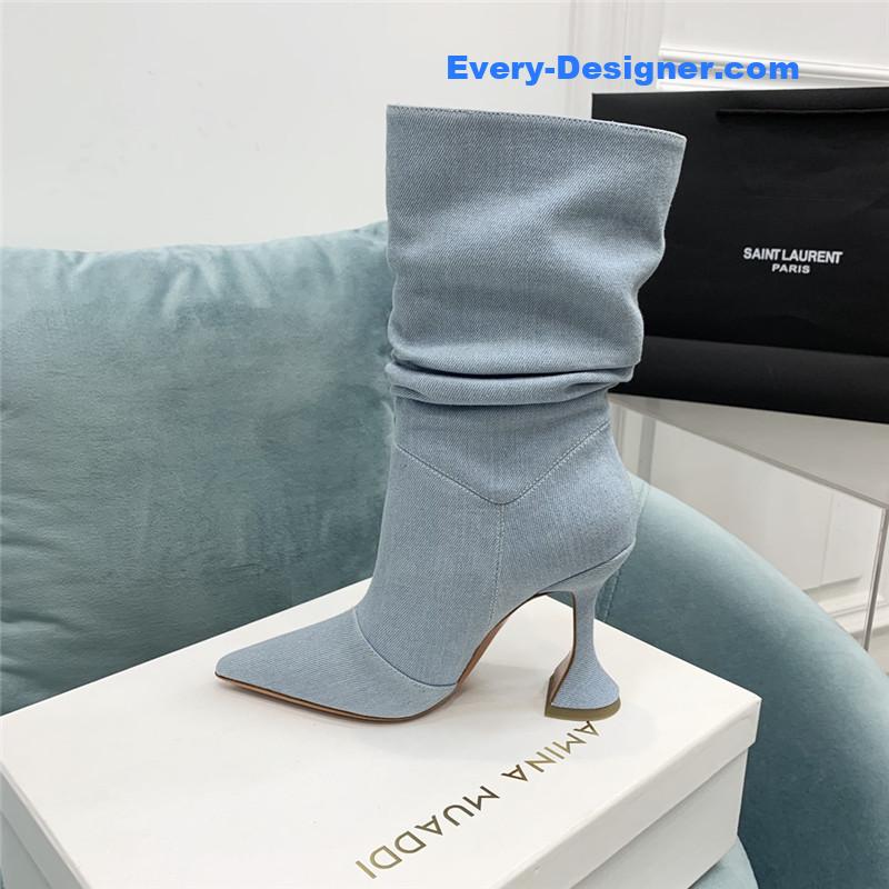 Amina Muaddi wine glass heel pleated high heel boots