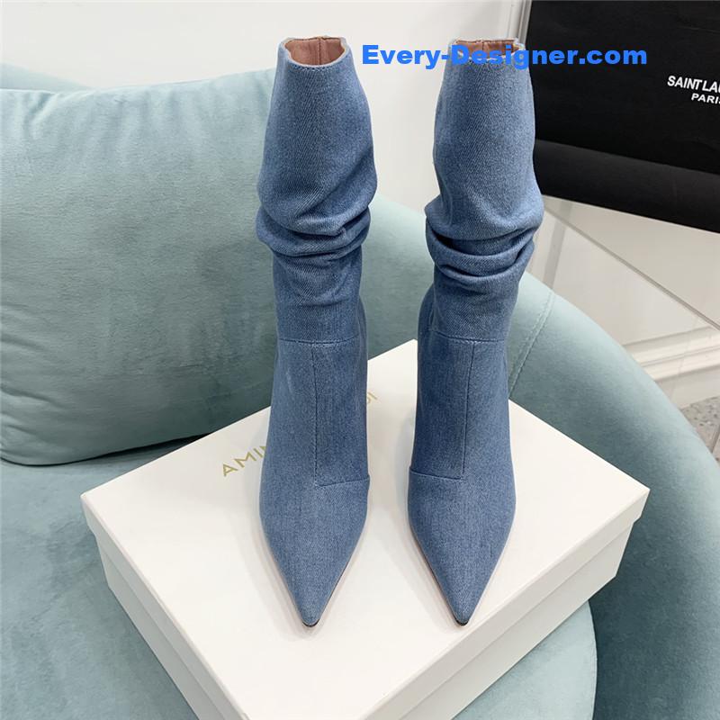 Amina Muaddi wine glass heel pleated high heel boots