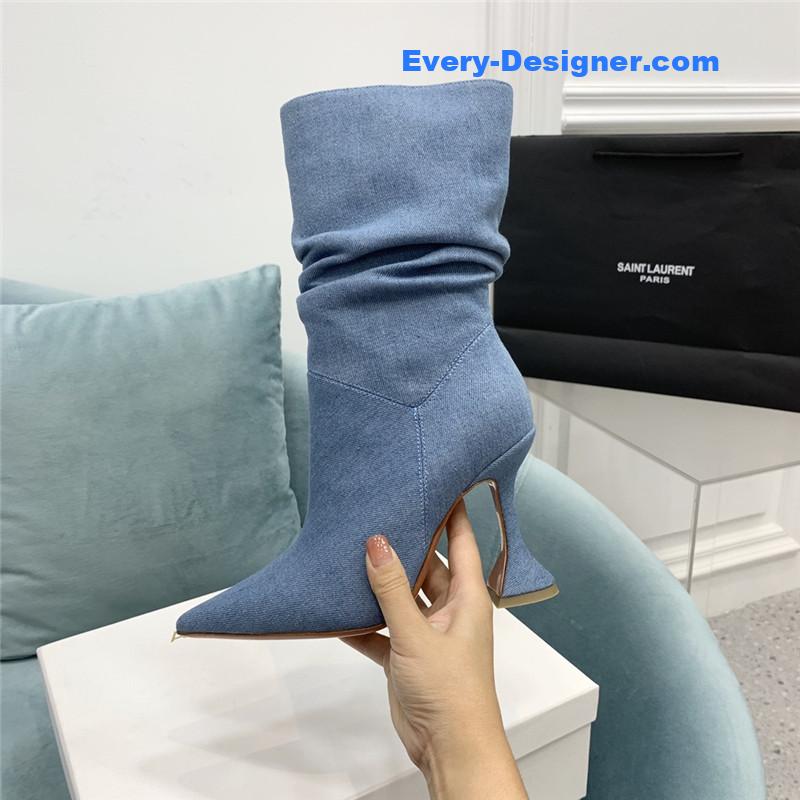 Amina Muaddi wine glass heel pleated high heel boots